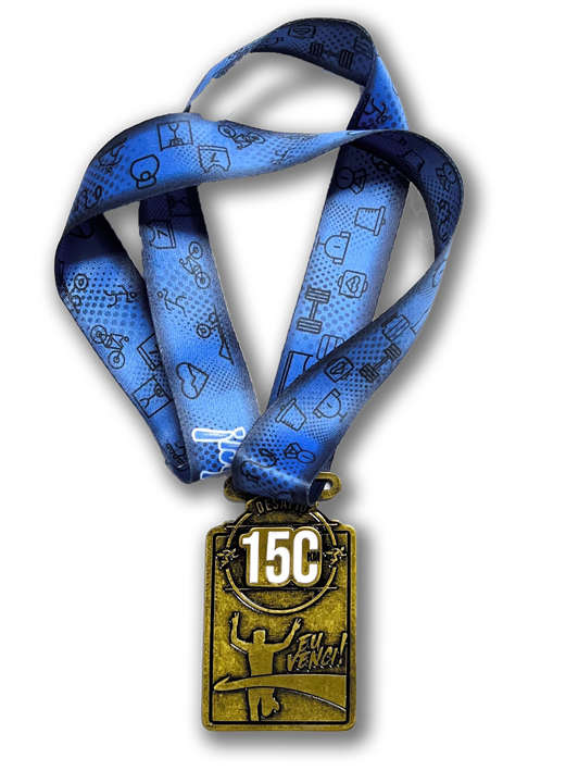 Medalha real do Prometa: placa de metal dourada do Desafio 150 km com a frase Eu Venci e fita azul